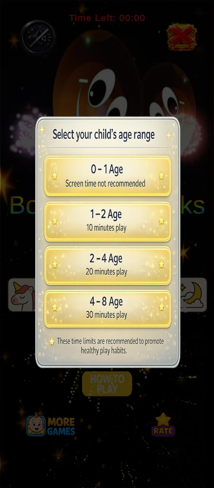 Boomy Fireworks parental playtime control screen