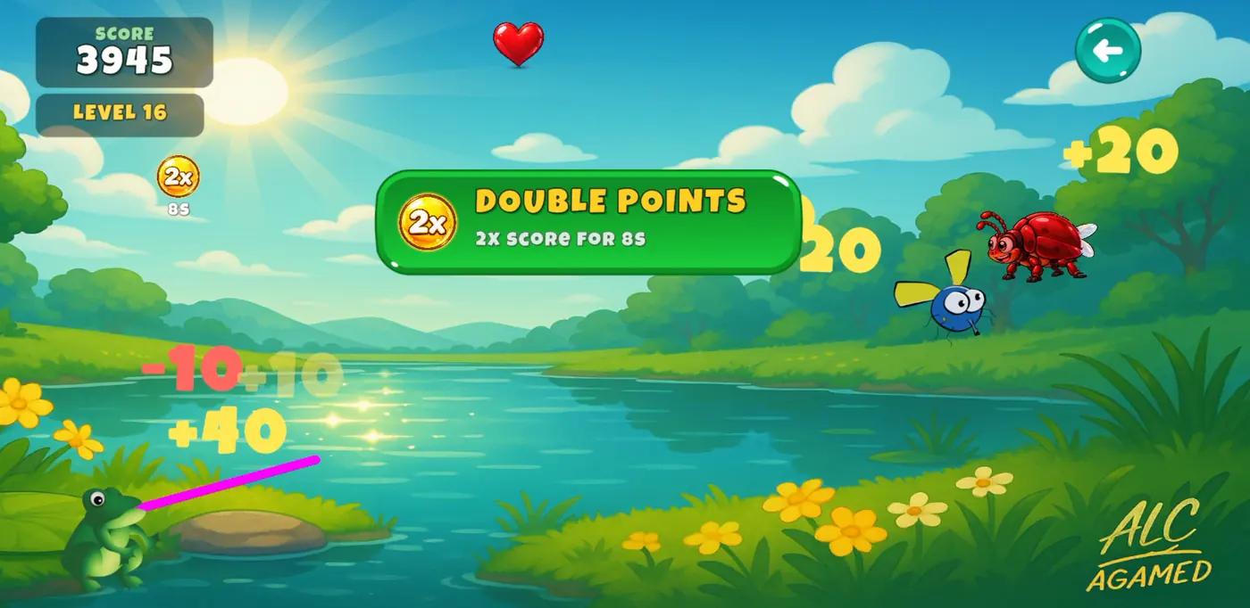 Funny Hunter Frog double points power-up — 2x score for eight seconds, with a red beetle to avoid