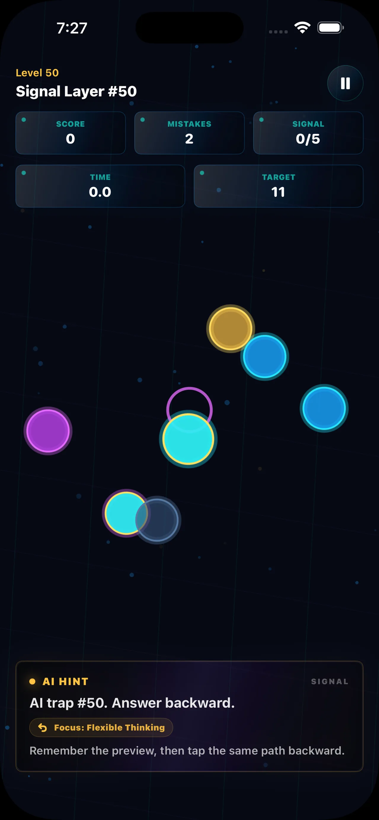MindTrap AI Signal Layer level — remember the preview, then tap the path backward