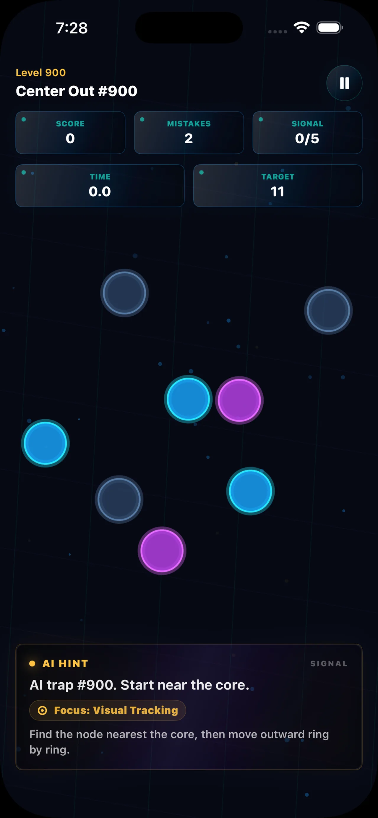 MindTrap AI Center Out level — start near the core and move outward ring by ring
