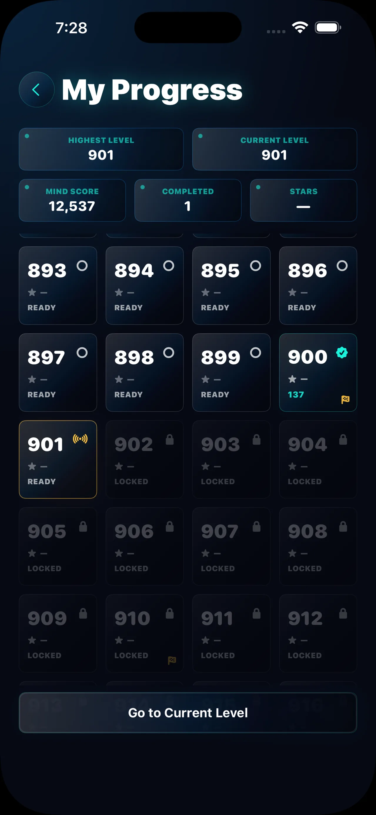 MindTrap AI My Progress — highest level, Mind Score and the level grid