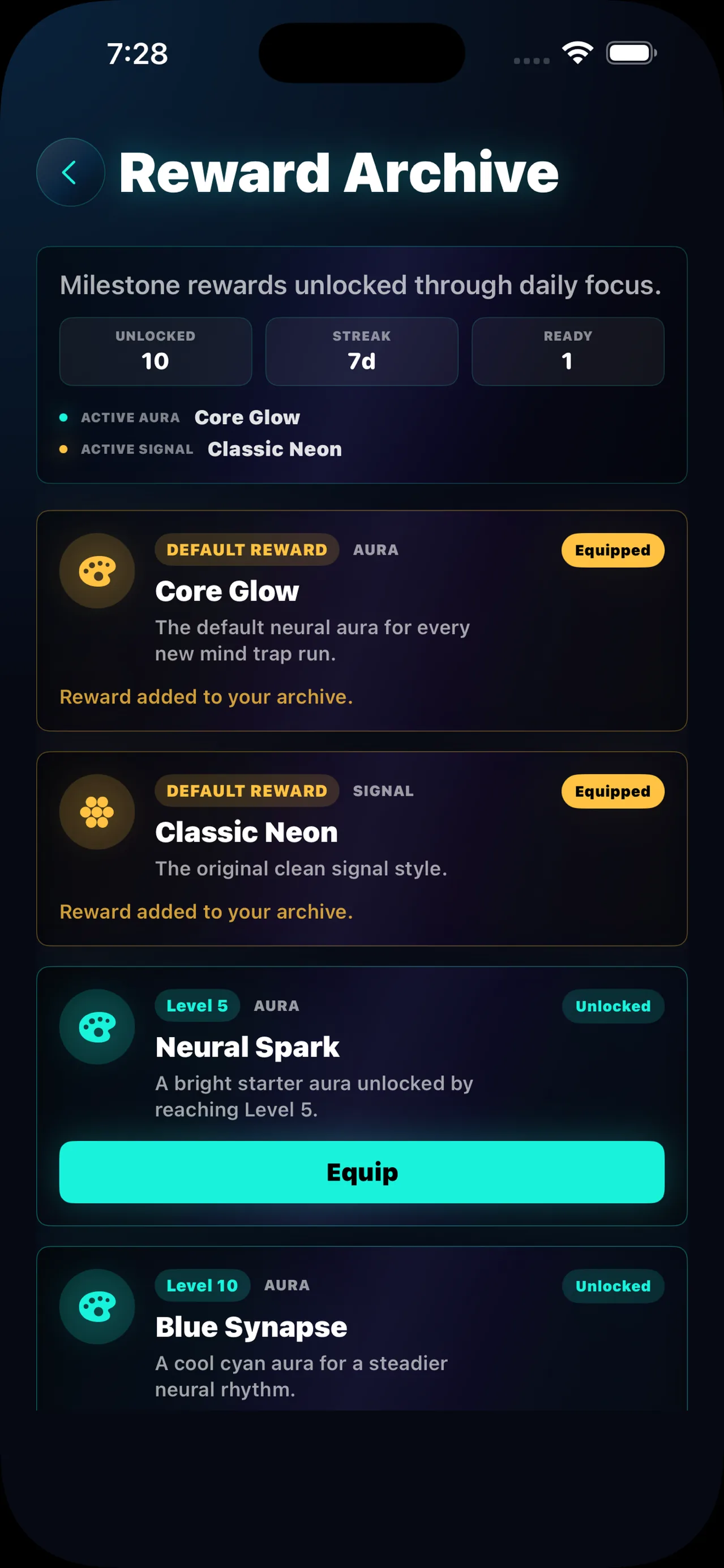 MindTrap AI Reward Archive — auras and signals unlocked by level and streak