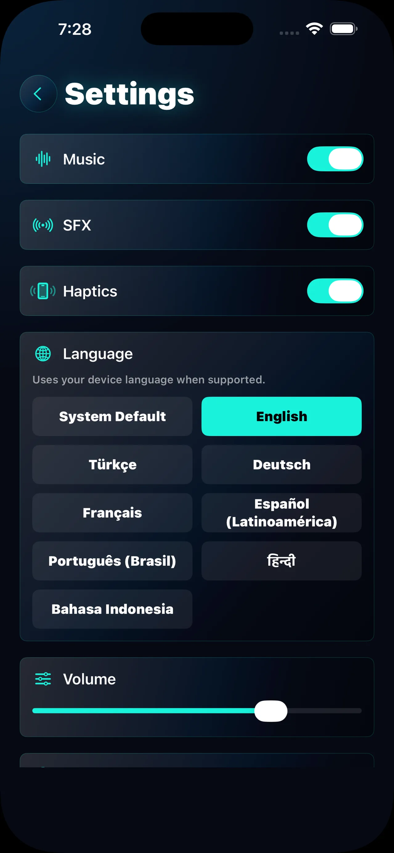 MindTrap AI settings — audio, haptics and eight interface languages